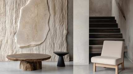Modern living room with a minimalist design. the walls are made of concrete and the floor is made of light-colored tiles.