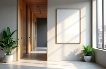Obraz premium Modern office interior with empty frame. Modern business office reception area. Blank frame mockup. Wooden doors, light walls. Indoor view. Empty space. Contemporary design. Natural light. Plants in