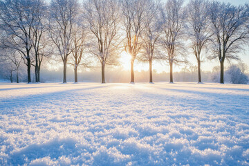 A winter sunrise over a snowy meadow, with frost-covered grass and bare trees on the horizon creating a serene view.