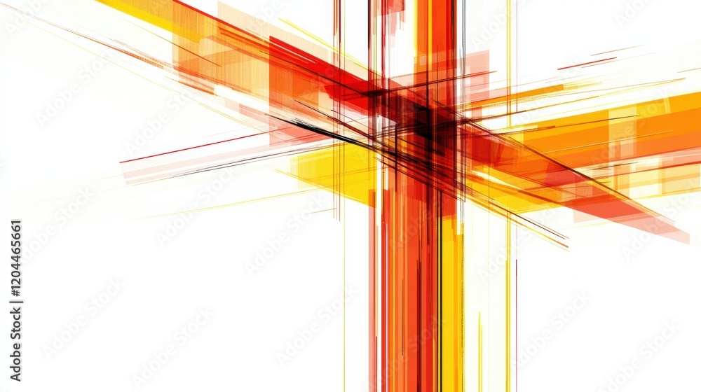 Fototapete dynamic abstract composition featuring vibrant red, yellow, and orange lines and shapes intersecting