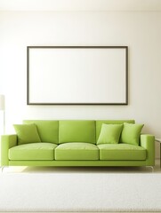 Modern Living Room with Green Sofa, White Carpet, Blank Frame on the Wall, and Minimalist Decor – Bright, Calm, and Comfortable Interior Design
