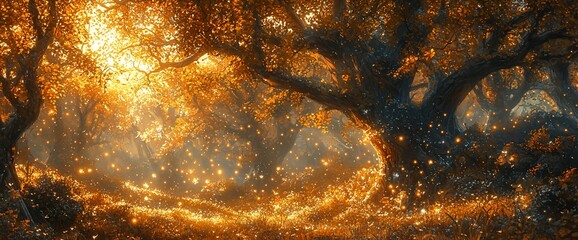 Magical autumn forest with glowing lights.
