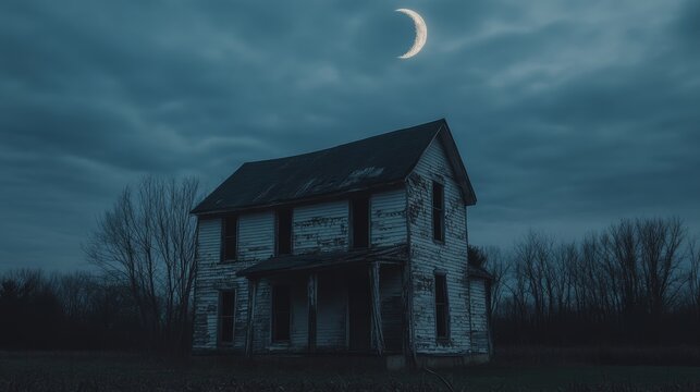 An abandoned house stands eerily under a crescent moon, surrounded by bare trees and a cloudy night sky, evoking mystery and solitude.