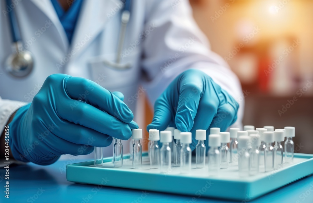 Poster scientist in lab coat, gloves prepares samples. hands carefully place caps on small vials. precision