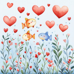 Colorful fish swim among hearts and flowers in whimsical underwater scene, evoking feelings of joy and love. This charming illustration is perfect for various designs