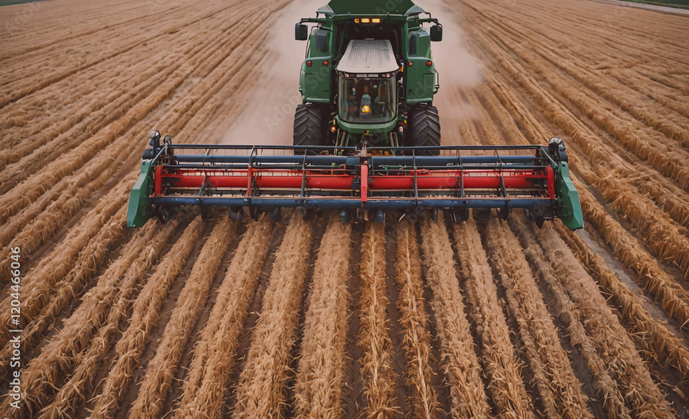 Poster A green tractor is driving through a field of grain. The tractor is pulling a combine harvester behind it. The combine harvester is cutting the grain and collecting it in a bin