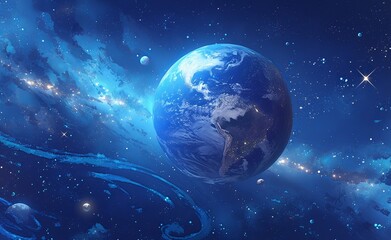 Obraz premium Serene Earth in Space with Stars and Galaxies, Featuring Landmasses and a Gentle Cloud of Smoke – A Peaceful and Natural View of Our Planet