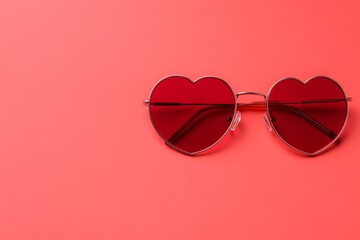 Heart-shaped sunglasses with red lenses placed on a vibrant coral background, capturing a playful and stylish summer vibe.