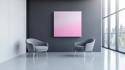 Empty room with a large window on the right side. the window has a view of trees and greenery outside. on the left side of the image, there is a gray wall with a white polka dot pattern.
