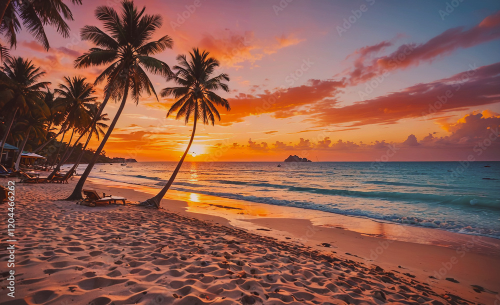 Aufkleber a beautiful beach with palm trees and a sunset in the background. the sky is filled with clouds and 