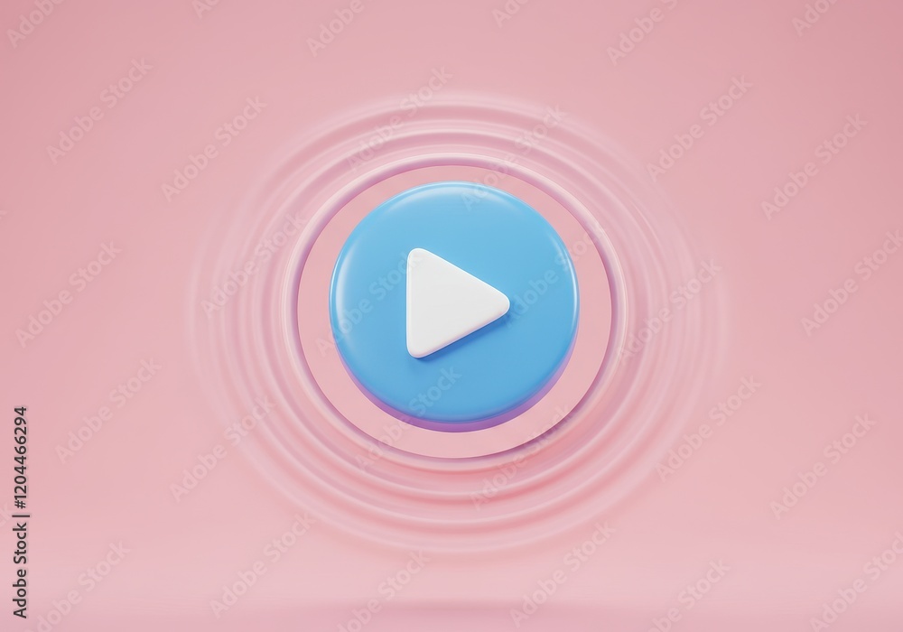 Poster a 3d illustration of a blue circular play button with white triangular icon in the center, set again