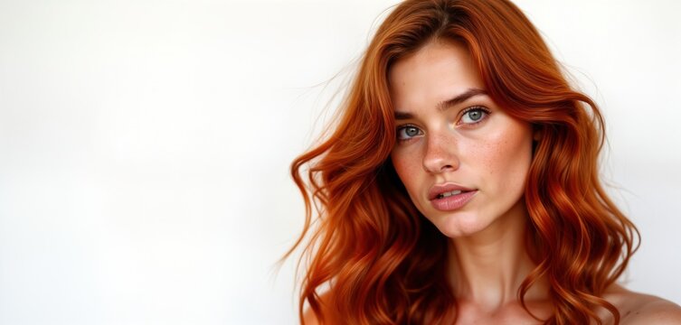 Attractive young woman with vibrant red wavy hair. Close-up portrait against plain white background. Model stylish hairstyle, elegant makeup. Natural beauty. Poses with serene, captivating expression.