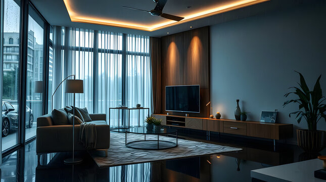 Minimalist style interior design of modern living room with tv, high resolution , high quality