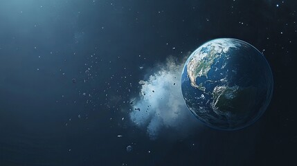 Naklejka premium Serene Earth in Space with Stars and Galaxies, Featuring Landmasses and a Gentle Cloud of Smoke – A Peaceful and Natural View of Our Planet