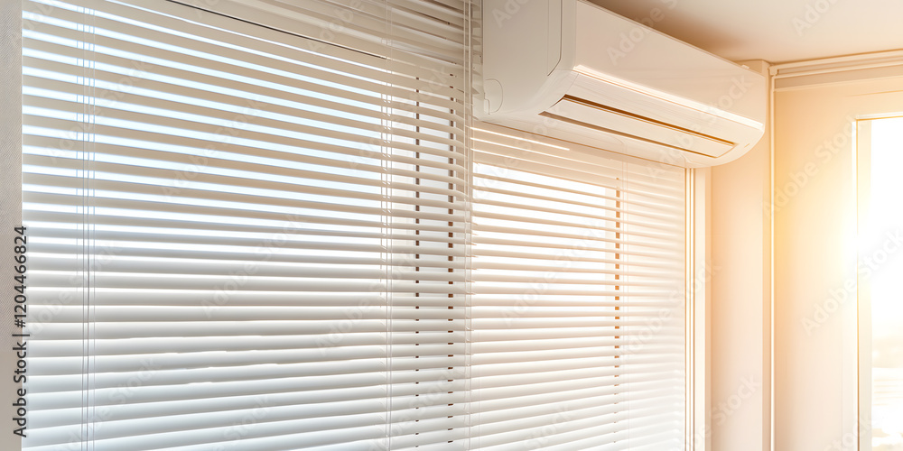 Poster white window blinds and an air conditioning unit. sunlight streams through the blinds, creating a br