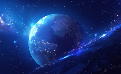 Obraz premium The Earth in Space with Artistic Representation of America, Surrounded by Stars, Galaxies, and a Deep Blue Background – A Focused View of Nature