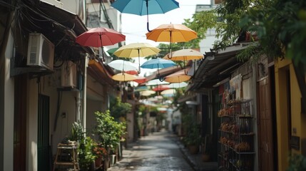 Fototapeta premium Vibrant umbrellas hang above a narrow street, casting colorful shadows and creating a whimsical, cheerful atmosphere in an urban setting.