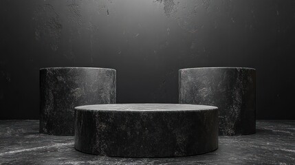 Minimalist black stone display podiums arranged artistically in a dark studio setting