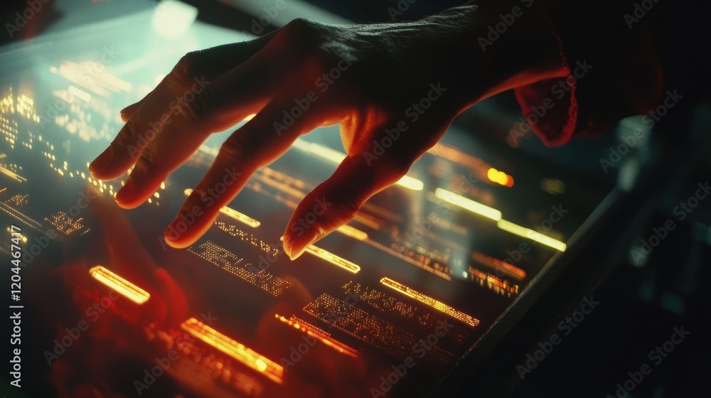 Poster closeup of a technicians fingers navigating a touchscreen interface on a complex production machine 