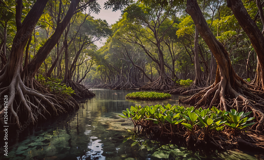 Poster A lush green forest with a river running through it. The water is clear and calm. The trees are tall and have large roots that extend into the water. The scene is peaceful and serene, with the sound