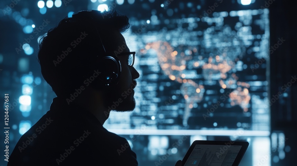 Poster a side profile of a factory manager looking keenly at a tablet displaying detailed reports and kpis 