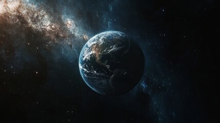 Obraz premium The Earth in Space with Artistic Representation of America, Surrounded by Stars, Galaxies, and a Deep Blue Background – A Focused View of Nature