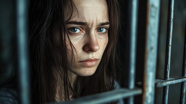 Close-up of a woman behind metal bars, conveying distress and confinement with a strong, emotional gaze.