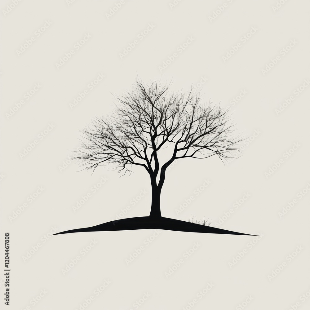 Poster Silhouette of a bare tree on a gentle hill during early winter against a pale background. Generative AI