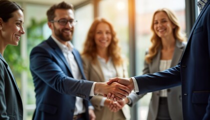 Business people in an office celebrate a successful deal. Smiling adults in suits shake hands. Teamwork and partnership are evident. A modern office environment supports the scene.