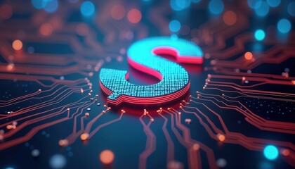 Digital financial transaction concept. Dollar sign symbol glowing on circuit board. Modern tech in finance. Secure network transfer of funds. Investment, economy represented visually. Electronic