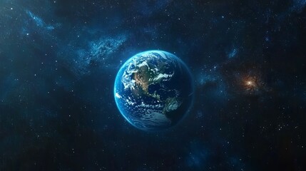 The Earth in Space with Artistic Representation of America, Surrounded by Stars, Galaxies, and a Deep Blue Background – A Focused View of Nature