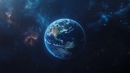 Fototapeta premium The Earth in Space with Artistic Representation of America, Surrounded by Stars, Galaxies, and a Deep Blue Background – A Focused View of Nature