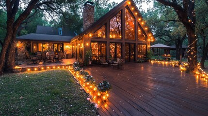 Illuminated Luxury Home Deck, Evening Gathering, Woods