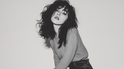 Fototapeta premium Black and white portrait capturing a woman with tousled hair, wearing casual attire, exuding a contemplative and stylish vibe.