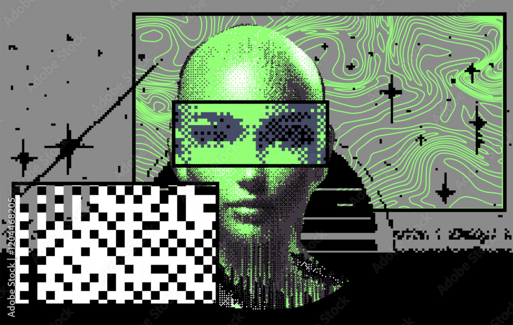 Aufkleber Retrofuturistic pixel art collage with different textures and glitched human face parts. Conceptual vector illustration of the Artificial Intelligence and Future Technology.