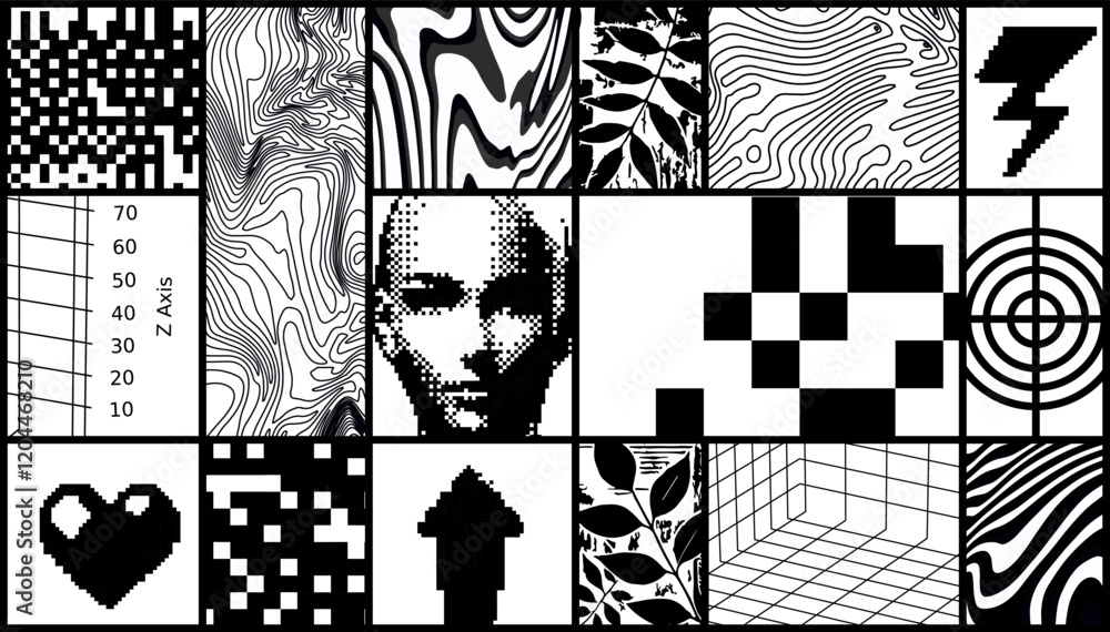 Aufkleber Сollage of several rectangles containing various abstract images and textures. Vector illustration in Industrial pixel art style.