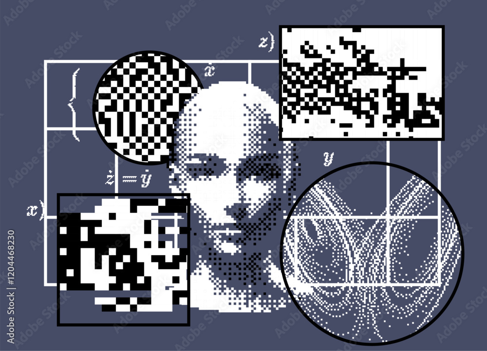 Aufkleber brutalism inspired vector graphics collage made with simple geometric shapes, grunge texture, and di