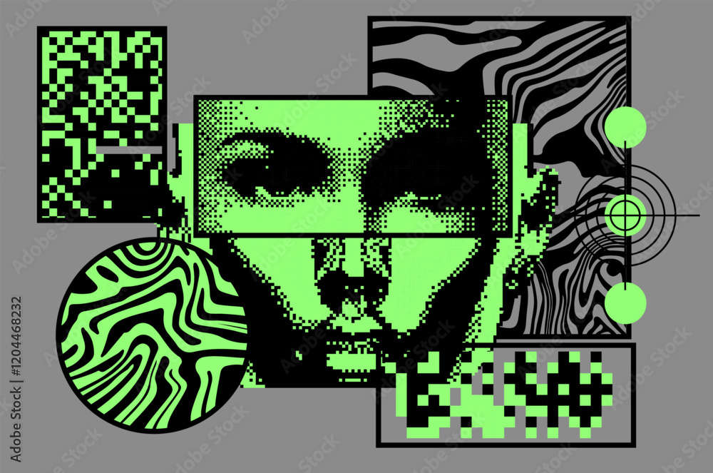Poster retrofuturistic pixel art collage with different textures and glitched human face parts. conceptual 