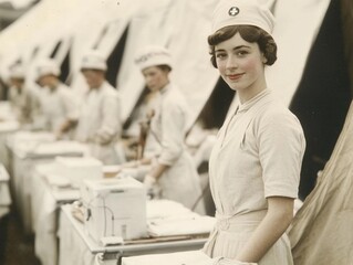 Nurses provide care for injured soldiers in a wartime field hospital during the early 20th century