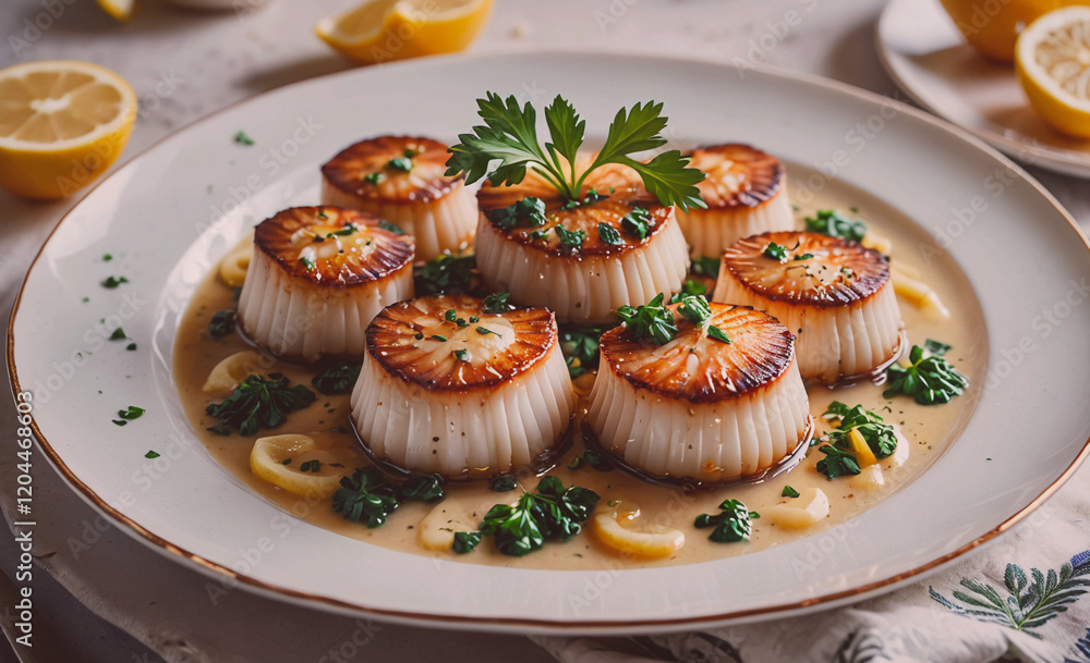 Aufkleber a plate of food with a garnish of parsley and lemon slices. the dish is a seafood appetizer with a c