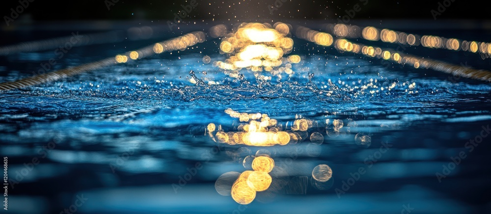 Aufkleber water splashing in a swimming pool with lane lines and bokeh lights.