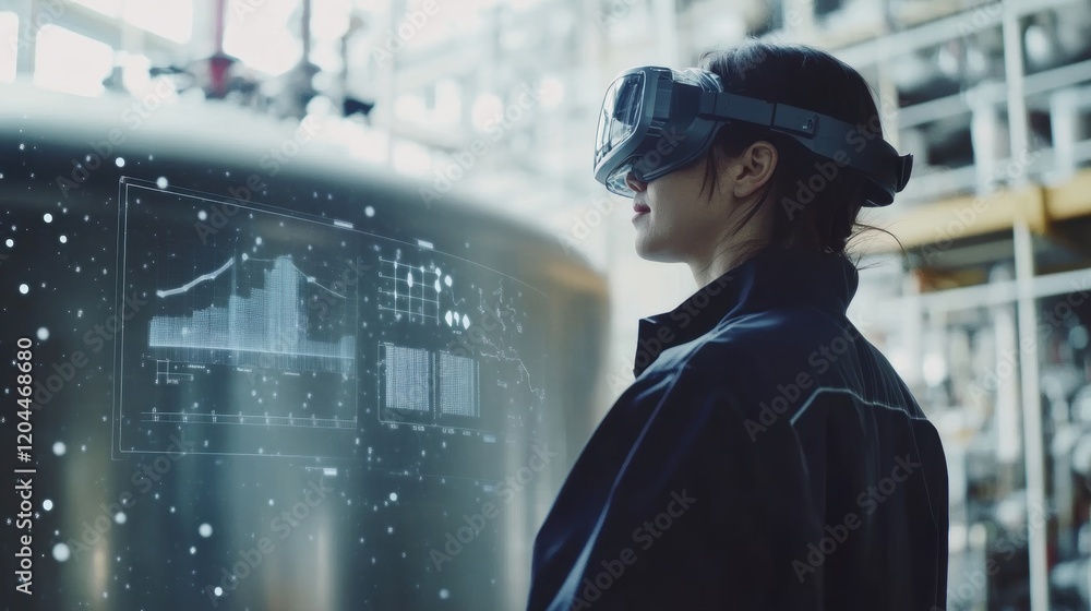 Poster a factory worker standing in front of a large storage tank uses ar goggles to visualize inventory le