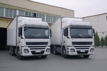 Two white trucks are ready for transportation, cargo delivery. Generative AI