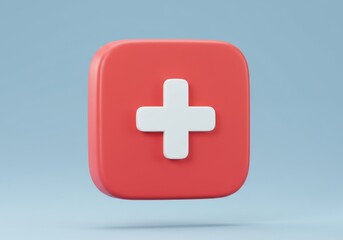 Obraz premium A 3D illustration of a medicine red signs with rounded edges and a white cross symbol in the center, set against a light blue background