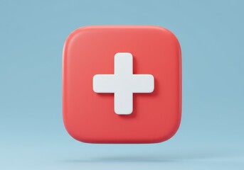 Fototapeta premium A 3D illustration of a medicine red signs with rounded edges and a white cross symbol in the center, set against a light blue background