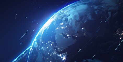 Obraz premium Epic Close-Up of Earth from Space with Sunlight Glowing on its Surface, Stars in the Background and Distant City Lights 