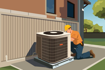 HVAC Air Conditioning Worker Technician Working Vector Illustration