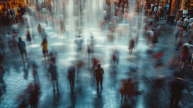Blurred silhouettes of people move around a vibrant fountain, creating a dreamlike atmosphere of urban life in motion.
