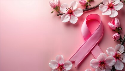 Pink ribbon breast cancer awareness. Beautiful cherry blossoms add hopeful message. Image promotes wellness, resilience. Tribute to survivors. Gentle pink backdrop enhances visual appeal. Soft colors