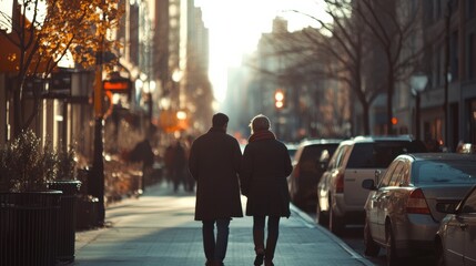 Obraz premium Two figures walk side by side down a sunlit city street, framed by urban buildings and the amber glow of late afternoon.